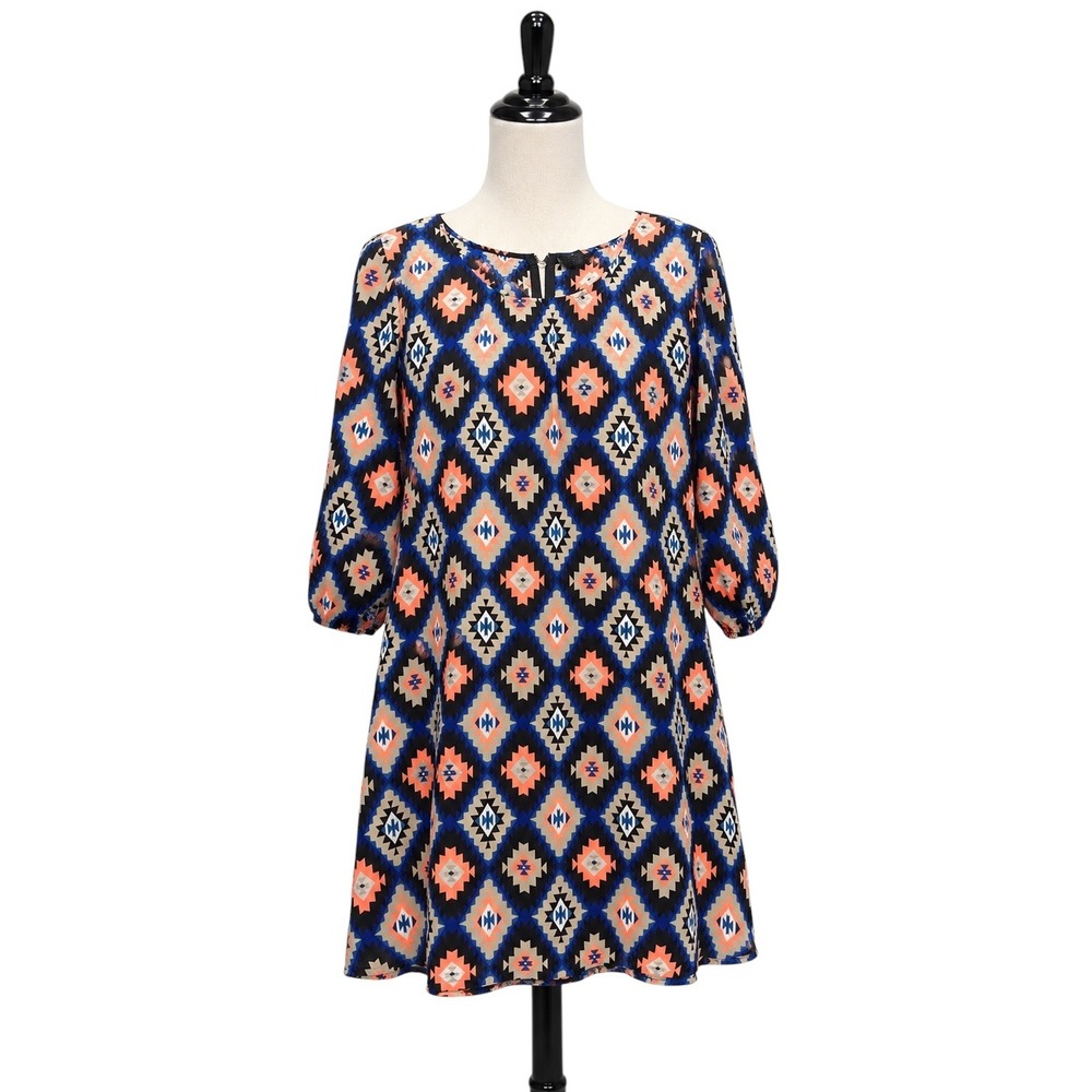 Rue 21 Y2K Geometric Diamond Print Shift Dress Blue Coral Black 3/4 Sleeve L